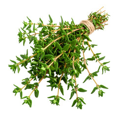 Fragrant thyme sprigs bundled together, ready for culinary use on transparent background