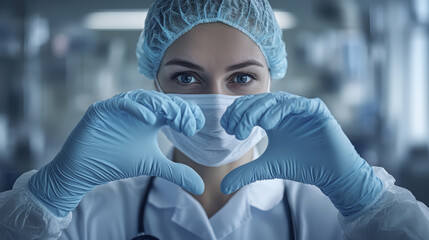 Serious woman doctor wearing surgical cap and mask makes heart shape with blue gloved hands