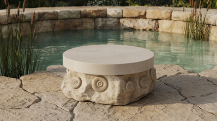 Naklejka premium Stylish outdoor natural stone podium with decorative fossil design beside tranquil water feature