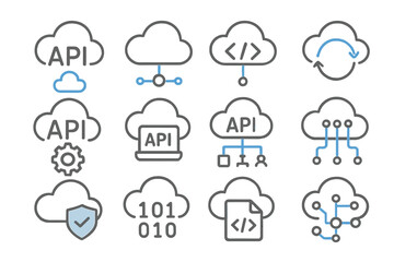 Fototapeta premium Cloud technology symbols: api, data, integration, security, sync, network