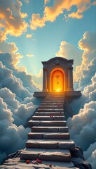 an ethereal scene of a staircase ascending to a floating cloud city under a vibrant sky