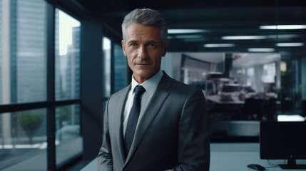 Fototapeta premium senior businessman ceo standing in office lobby. Mature business man wearing suit formal wear, Looks confidently at the camera.