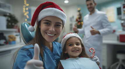 Smiling dental assistant and child patient wearing Santa hats give thumbs up during Christmas