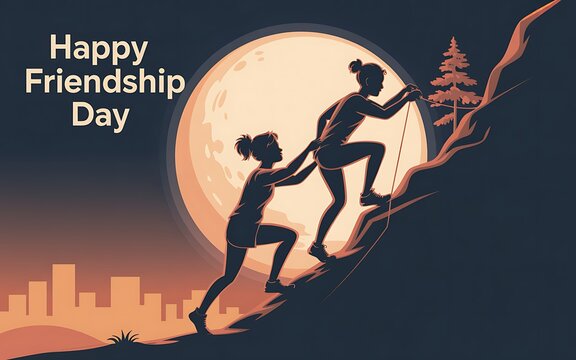 Happy friendship day two women climbing a mountain