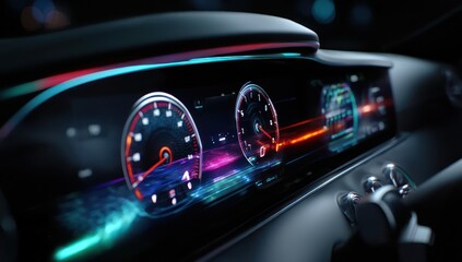 High-tech dashboard with vibrant lights dynamically displaying complex data using advanced tech visualizations.