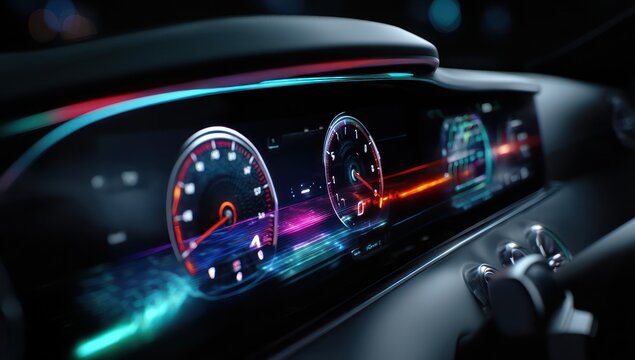 High-tech dashboard with vibrant lights dynamically displaying complex data using advanced tech visualizations.
