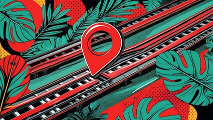 Dynamic Red Navigation Pin on Stylized Railway Tracks with Lush Tropical Foliage, Representing Urban Travel, Global Exploration, and Destination Discovery