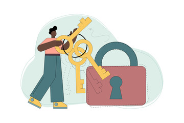 Finding a way out, solutions. Key selection. Choice. A man is looking for a forgotten password, account protection. Finding an answer to a question.