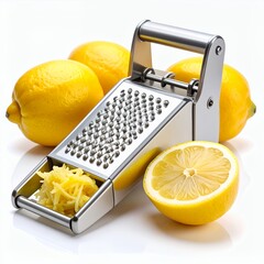 Bright lemons and a grater showcase citrus preparation on a clean backdrop on white background