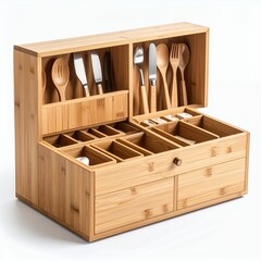 Organized bamboo cutlery drawer insert with various compartments, keeping utensils neatly arranged on white background