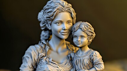 Obraz premium A smiling woman holds a child, captured in a detailed sculpture.