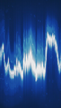 Abstract blue audio waveform pattern composed of pixelated vertical light bars on a digital background