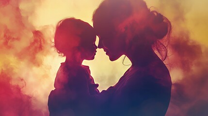 A tender silhouette of a mother and child sharing a moment of closeness.