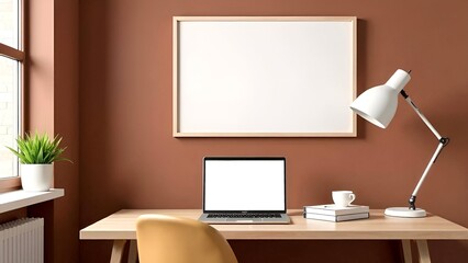 Stylish modern inrerior living room design, table, armchair, laptop with empty screen, white wooden frame for painting an wall mock up, green plant