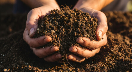 Hands gently holding dark, fertile soil, embodying growth, sustainability, and connection to earth. Ideal for organic gardening, environmental care, and agricultural themes.