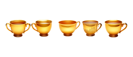 Pack Collection Elegant Gold Teacups Perfect for Afternoon Tea or Special Occasions set against transparent background