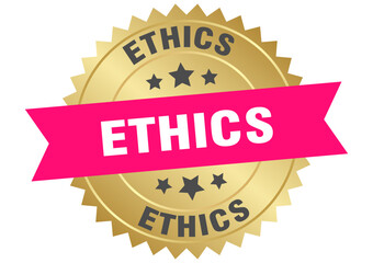 ethics. ethics round pink and gold label isolated on transparent background