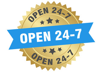 open 24 7. open 24 7 round blue and gold label isolated on transparent background