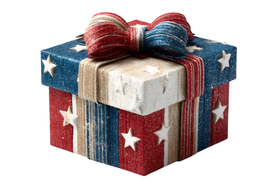 gift box with USA flag ribbon wrapped around. 4th of July, American Independence Day Celebration. isolated on transparent background with clipping path. - Powered by Adobe