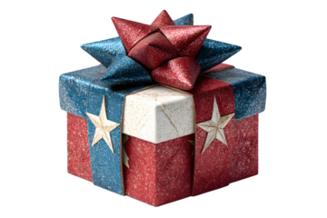 gift box with USA flag ribbon wrapped around. 4th of July, American Independence Day Celebration.  isolated on transparent background with clipping path.
