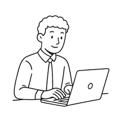 Young professional man typing on laptop in line art style.
