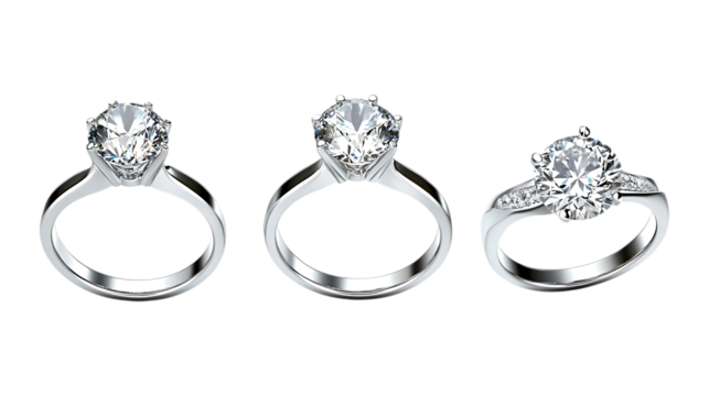 Pack Collection Three Diamond Engagement Rings Solitaire Classic and Pave Settings set against transparent background