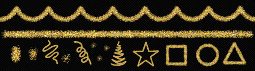 Set of gold garland, tinsel. Parts isolated on black background. Decorations for carnival, Christmas party, New Year holidays. Vector illustration © loli