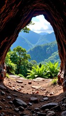 Obraz premium an open air stone archway offering a panoramic view of a mountainous landscape under a clear blue sky