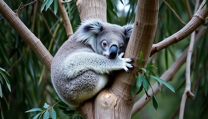 Fototapeta premium Adorable Koala Hugging Tree in Lush Eucalyptus Forest