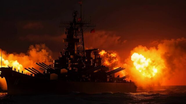 Battleship Firing at Sunset - A silhouetted battleship fires its cannons at sunset, creating a dramatic scene of fiery orange and black.