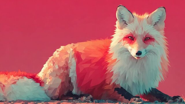 Artistic fox design with geometric pattern on bright pink background in a mosaic style