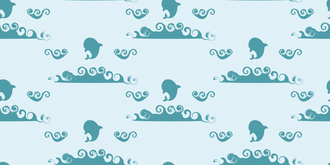 Repeating ocean themed pattern with stylized waves and dolphin silhouettes, perfect for kids, beach, or nautical designs. Vector art © Lilith_Saly