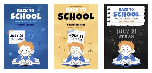 A set of Back to school event poster with cute cartoon boy, open book, blackboard theme. Great for school fairs, games, and kids' educational promotions.