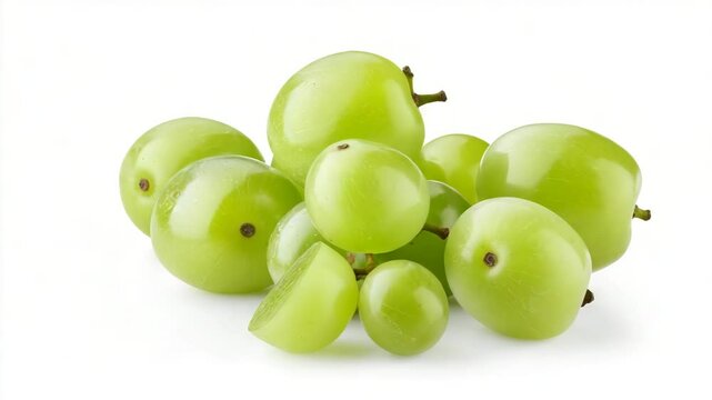 A bunch of fresh green grapes, with one grape cut in half, displayed on a white background.