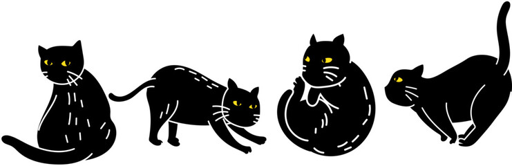 Relaxed black cats in Halloween poses silhouette pack