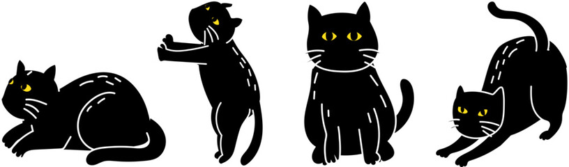 Two Halloween black cats playing together in spooky silhouette style