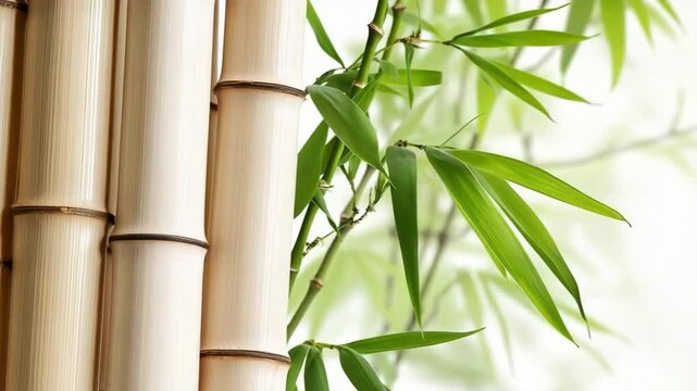 Close-up of bamboo stalks and green leaves with a soft, natural background.