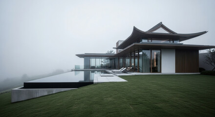 Fototapeta premium Luxury Villa with Asian-Inspired Roof and Infinity Pool on a Misty Hillside, Blending Modern Architecture with Tranquil Aesthetics for Serene Living.