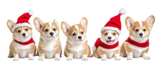Pack Collection Five Festive Corgi Puppies in Santa Hats set against transparent background