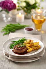Delicious steak dinner with roasted potatoes and green beans a romantic meal