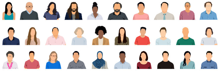 User avatars in circles. Collection of male and female human profile face icons. Unknown or anonymous person. People portraits vector illustration.