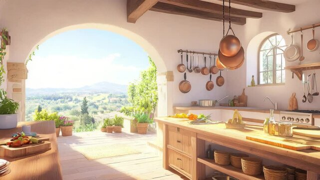 A sunlit rustic kitchen opens to a scenic countryside view with fresh produce on wooden counters and copper pans hanging overhead.