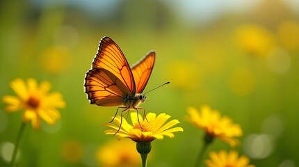 close-up of a vibrant orange butterfly perched on a wildflower, soft focus background of green meadow, natural lighting with shallow depth of field -