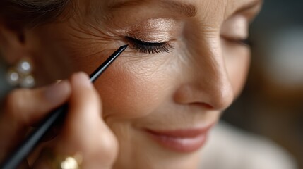 Woman enjoys a beauty treatment as makeup artist applies eyeliner in a cozy salon setting