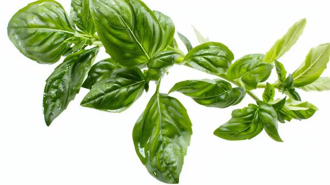 Fresh Basil Sprig Isolated on White - A close-up shot of a vibrant sprig of fresh basil leaves, glistening with water droplets, isolated against a clean white background.