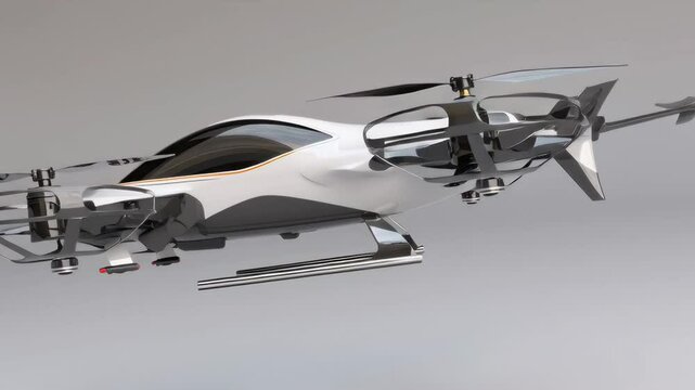 Futuristic Autonomous Air Vehicle - A sleek, white autonomous air vehicle with black propellers is shown against a light gray background.