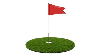 A vibrant red flag marks the hole on a circular patch of lush green grass, embodying the creative concept of achievement and a singular focus in golf.
