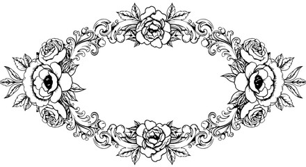Floral Elegance: A meticulously crafted black-and-white floral frame, showcasing intricate botanical designs and a blank central space for personalized text.