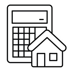 Calculator and house thin line icon, real estate concept. Vector graphics. Cottage building price for sale sign on white background, style mobile or design.