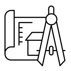 Drawing compass and house project thin line icon, architect studio concept. Vector graphics. Compass with building plan sign on white background, style mobile or design.